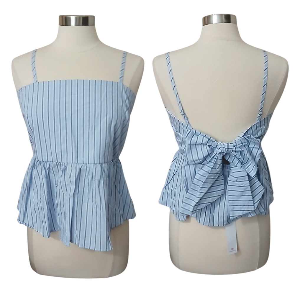 Vigoss | Blue Striped Tie Back Bow Peplum Tank Top